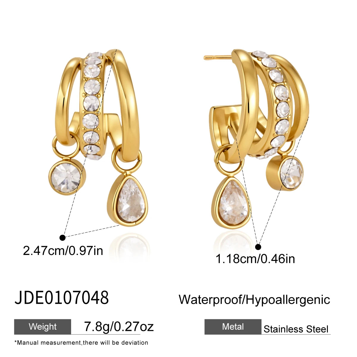 KIKA Water Drop Square Zircon Earrings For Women Minimalist C Shape 18K Gold Plated Stainless Steel 316L