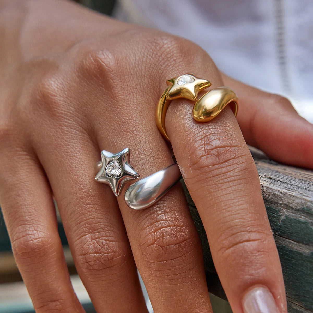 Kika Designer's 18K Gold Color Plated Stainless Steel Heart-Shaped Rhinestone Pentagram Ring