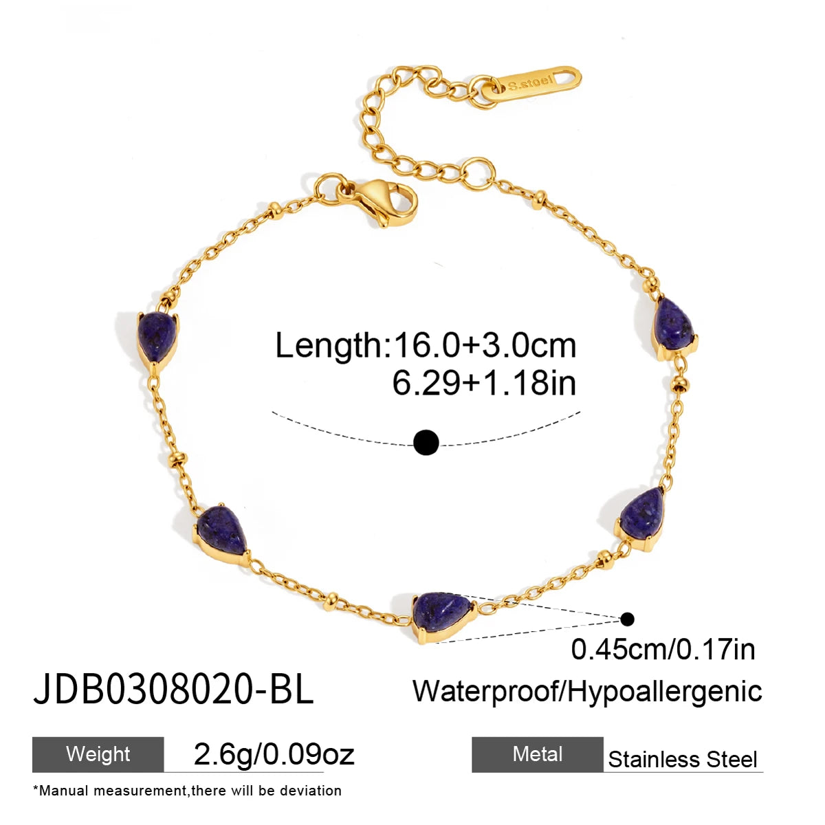 KIKA Vintage Water Drop Shape Natural Stone Bracelet For Women 18K Gold Plated Stainless Steel Bracelet Fashion Jewelry Gift