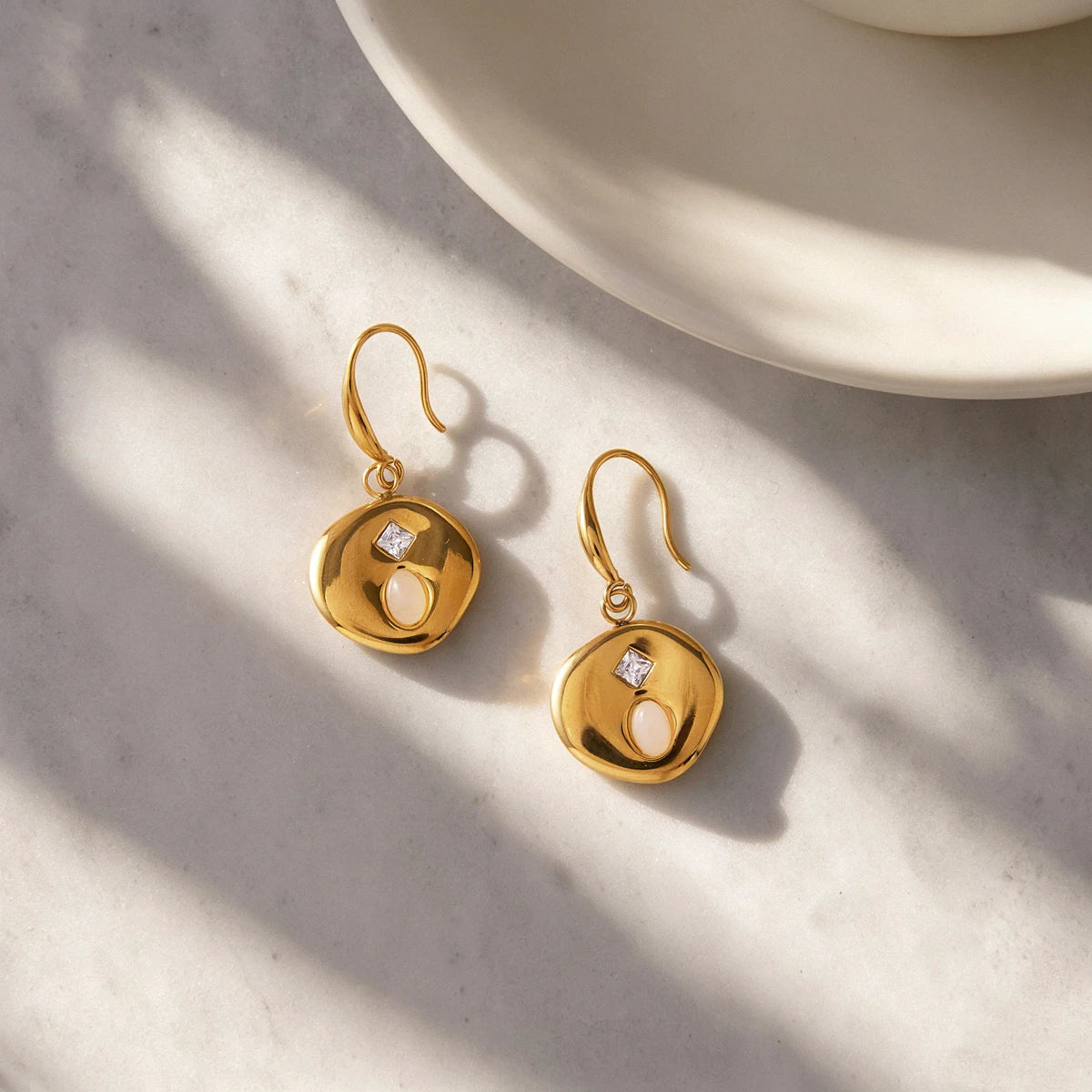 KIKA Natural Stone Zircon Coin Drop Earrings  PVD Plated Stainless Steel 316L
