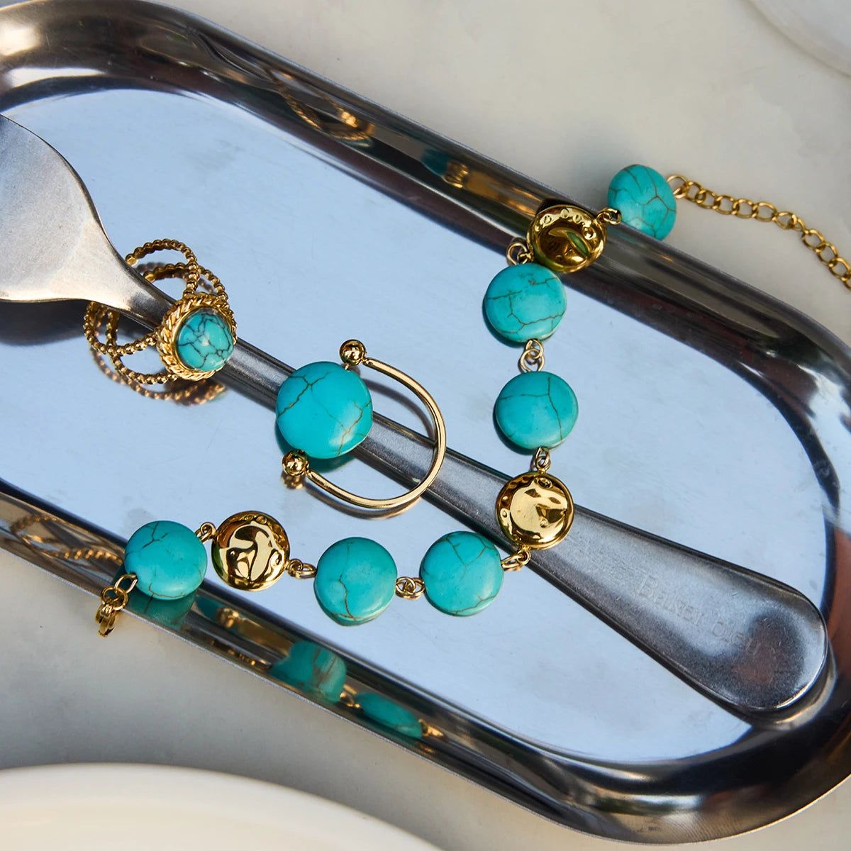 KIKA Vintage 18K Gold Color Plated Stainless Steel Turquoise Coin Round Bracelet  Stackable Pearl Bracelet
