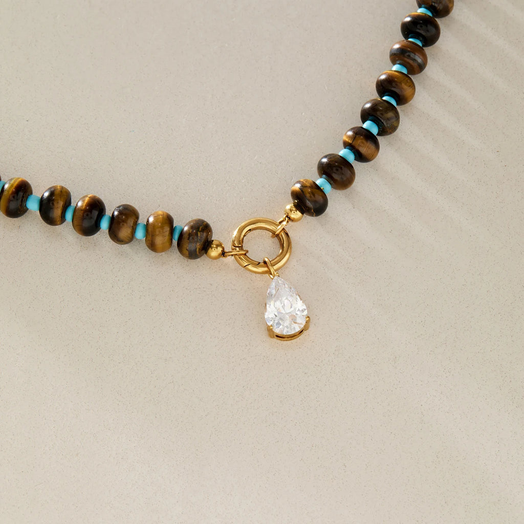 KIKA Water Drop Zircon Tiger Eye Stone Bead Necklace For Women 18K Gold Plated Stainless Steel Necklace Fashion Jewelry Gift