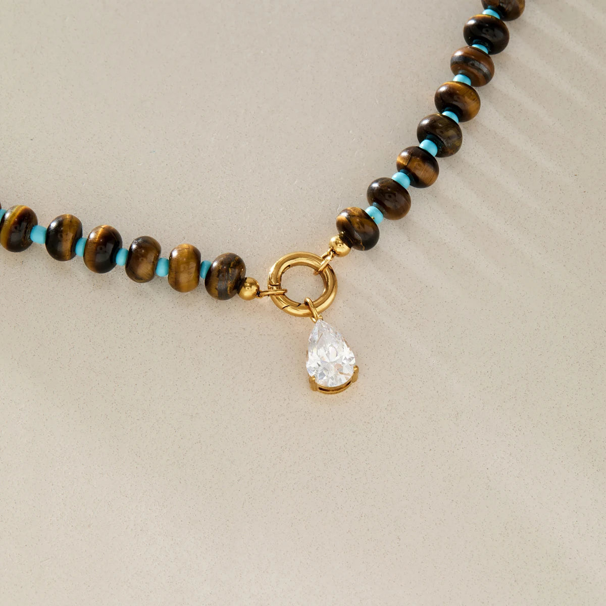 KIKA Water Drop Zircon Tiger Eye Stone Bead Necklace For Women 18K Gold Plated Stainless Steel Necklace Fashion Jewelry Gift