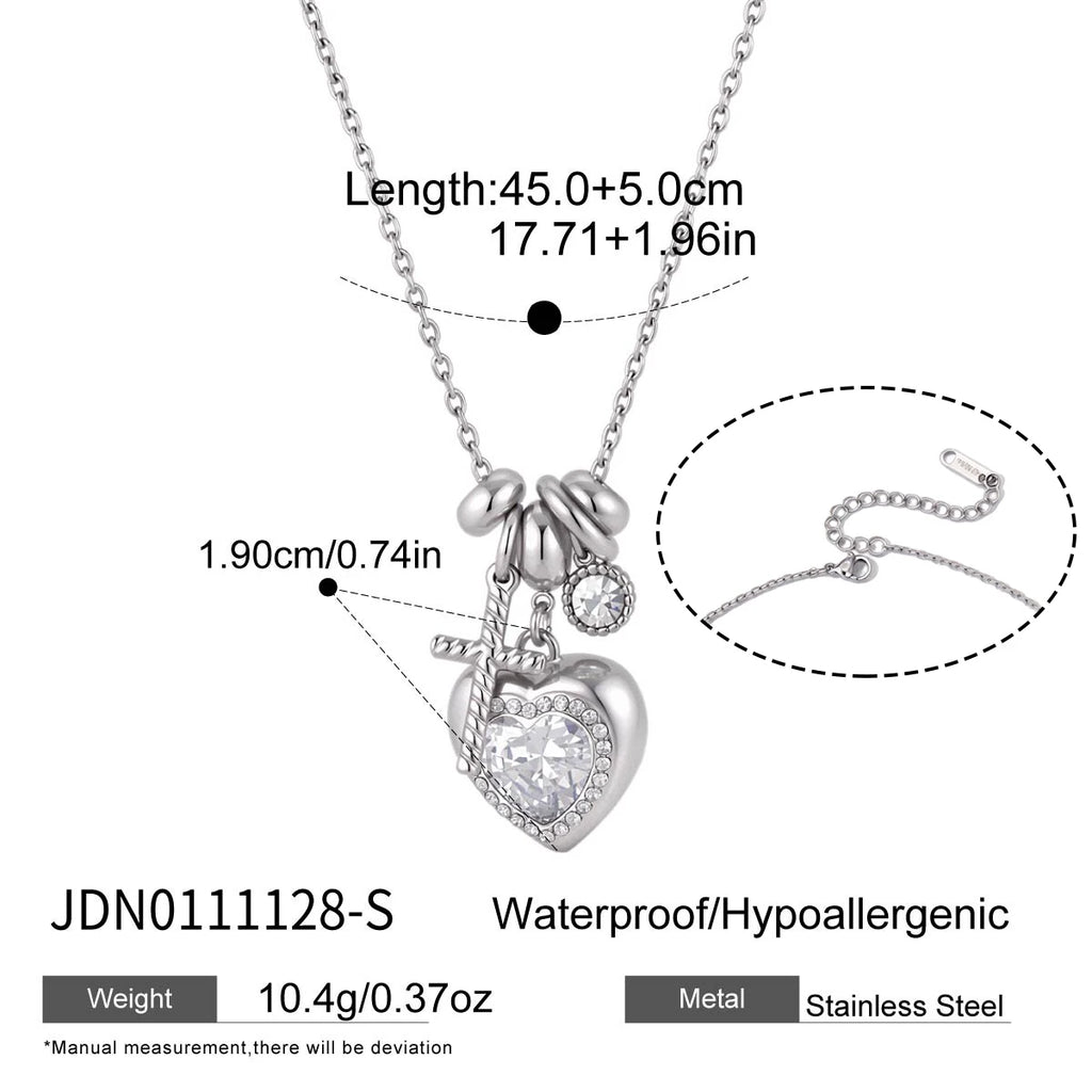 Kika Delicate Steel Color Cross Heart-Shaped Pendant With White Rhinestone Zircon O-Chain Necklace