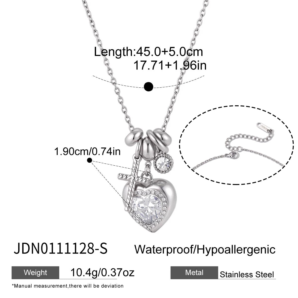 Kika Delicate Steel Color Cross Heart-Shaped Pendant With White Rhinestone Zircon O-Chain Necklace