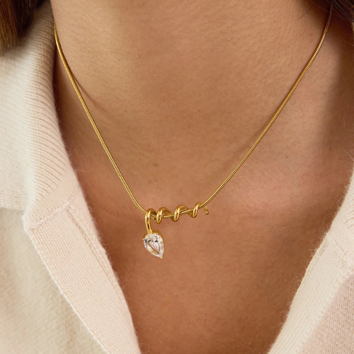 Kika Classic Gold Color White Drop-shaped Zircon Necklace