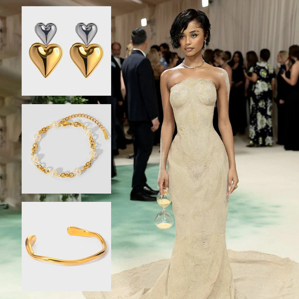 Kika Women's Jewelry Set Pearl Chain Gold Bracelet Adjustable Stackable Bracelet Love Earrings Gift for Her