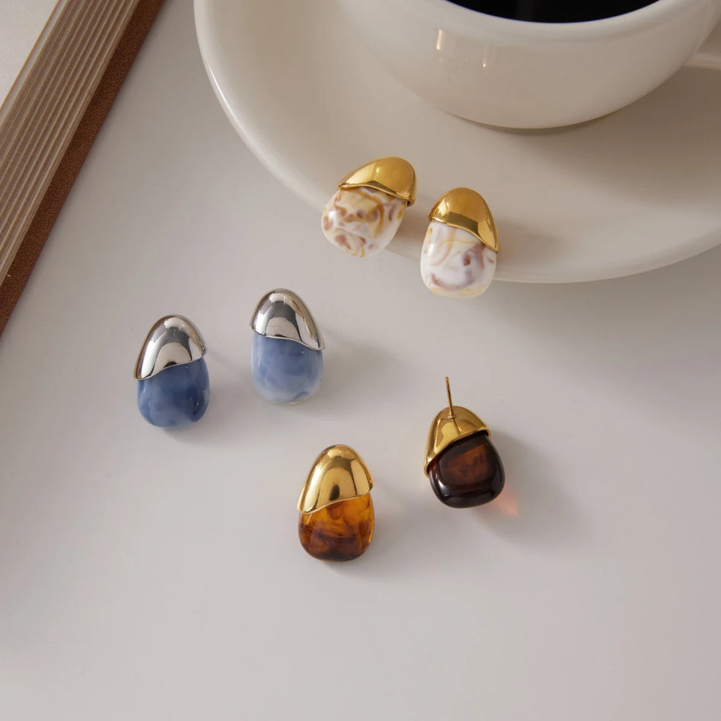 Kika Classic Water Drop Resin Stud Earrings For Women Minimalist 18K Gold Plated Stainless Steel 316L