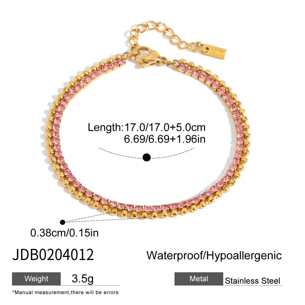 KIKA Minimalist Classic 18K Gold Color Plated Stainless Steel Pink Rhinestone Claw Chain Bead Chain Double-layer Bracelet Wome