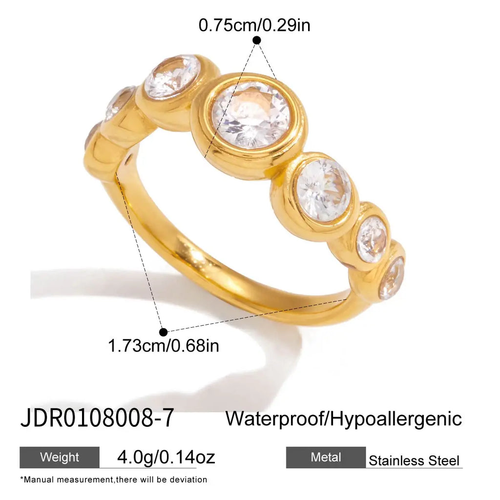 Simple Classic Round White Zircon Wave Ring 18K PVD Stainless Steel