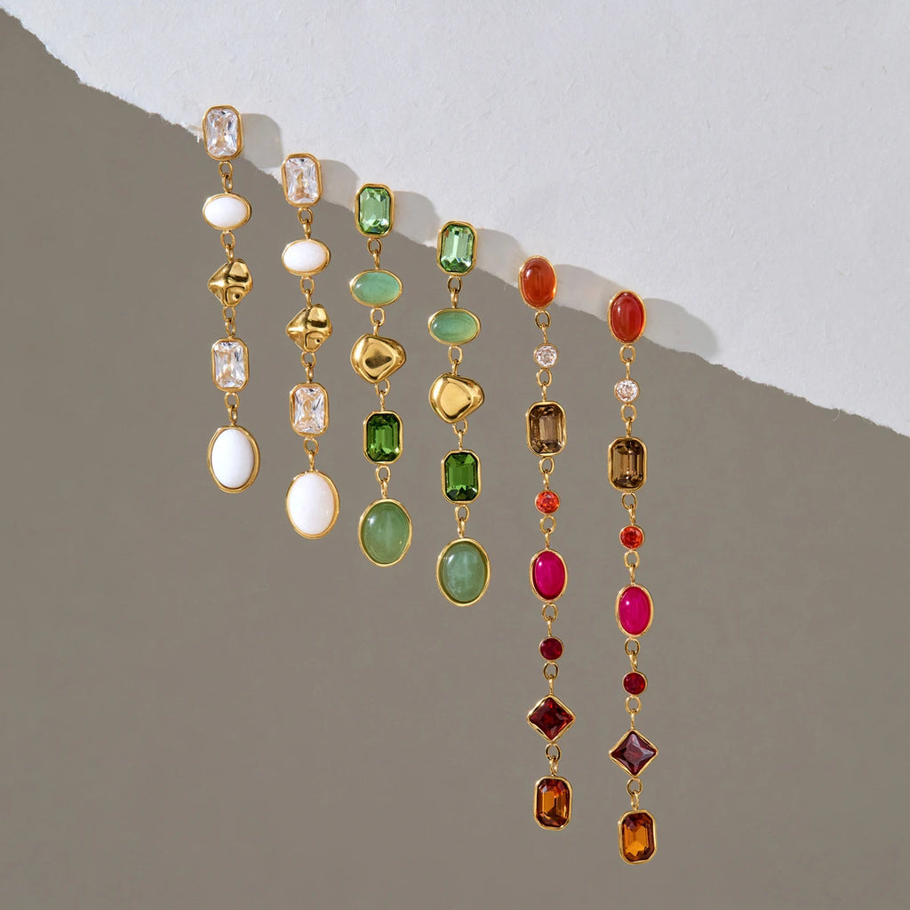 KIKA Elegant Crystal Natural Stone Tassel Earrings For Women Waterproof 18K Gold PVD Plated Stainless Steel Earrings Jewelry