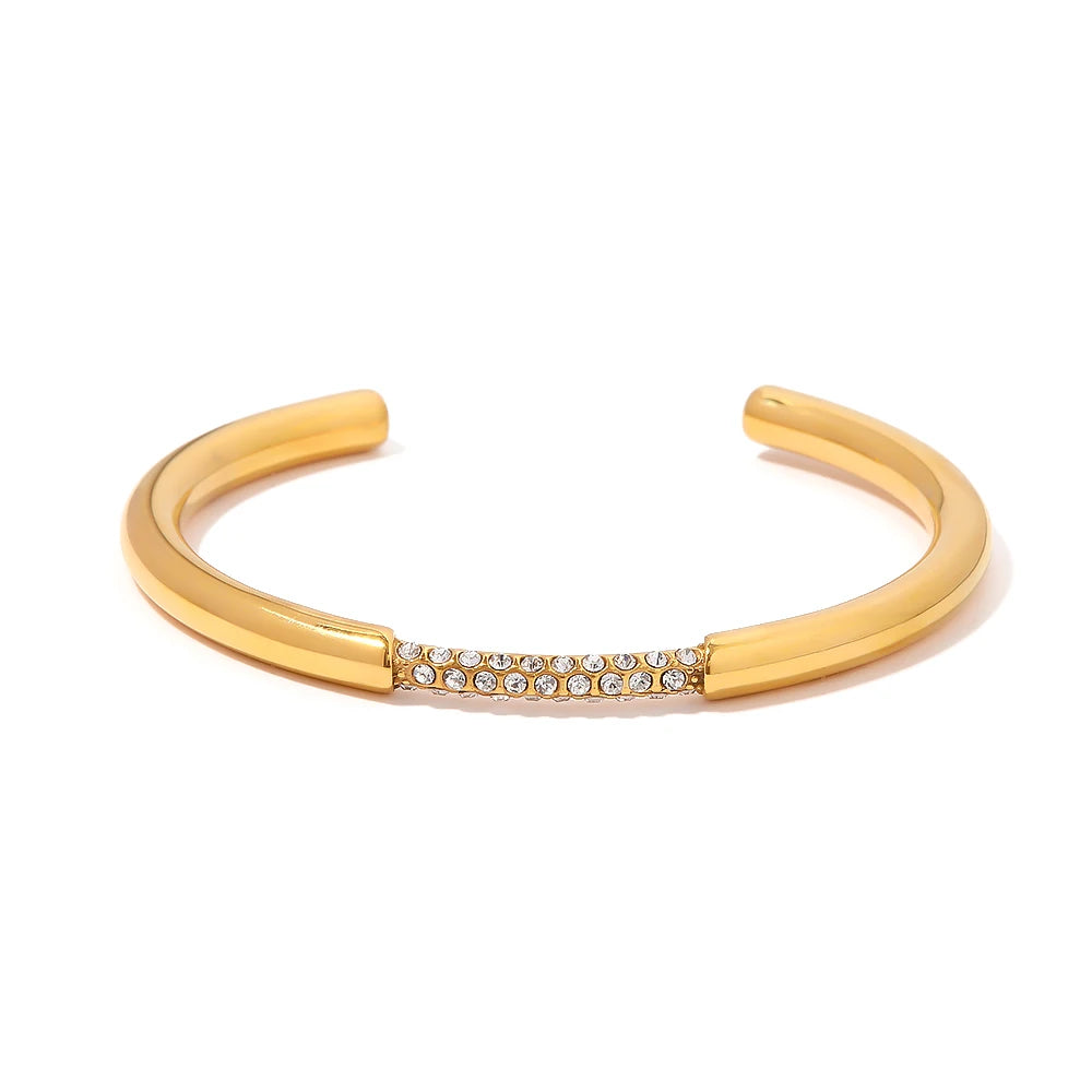 Kika Waterproof Metal Texture 18K Gold Color Stainless Steel Cuff Open Bracelet Bangle