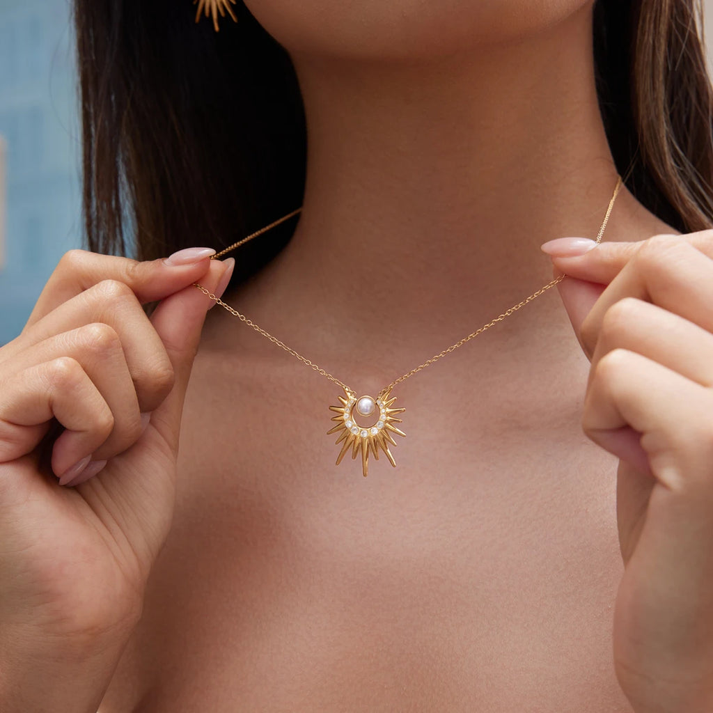 Kika Zircon Acrylic Pearl Sun Pendant Necklace Minimalist 18K Gold Plated Stainless Steel 316L