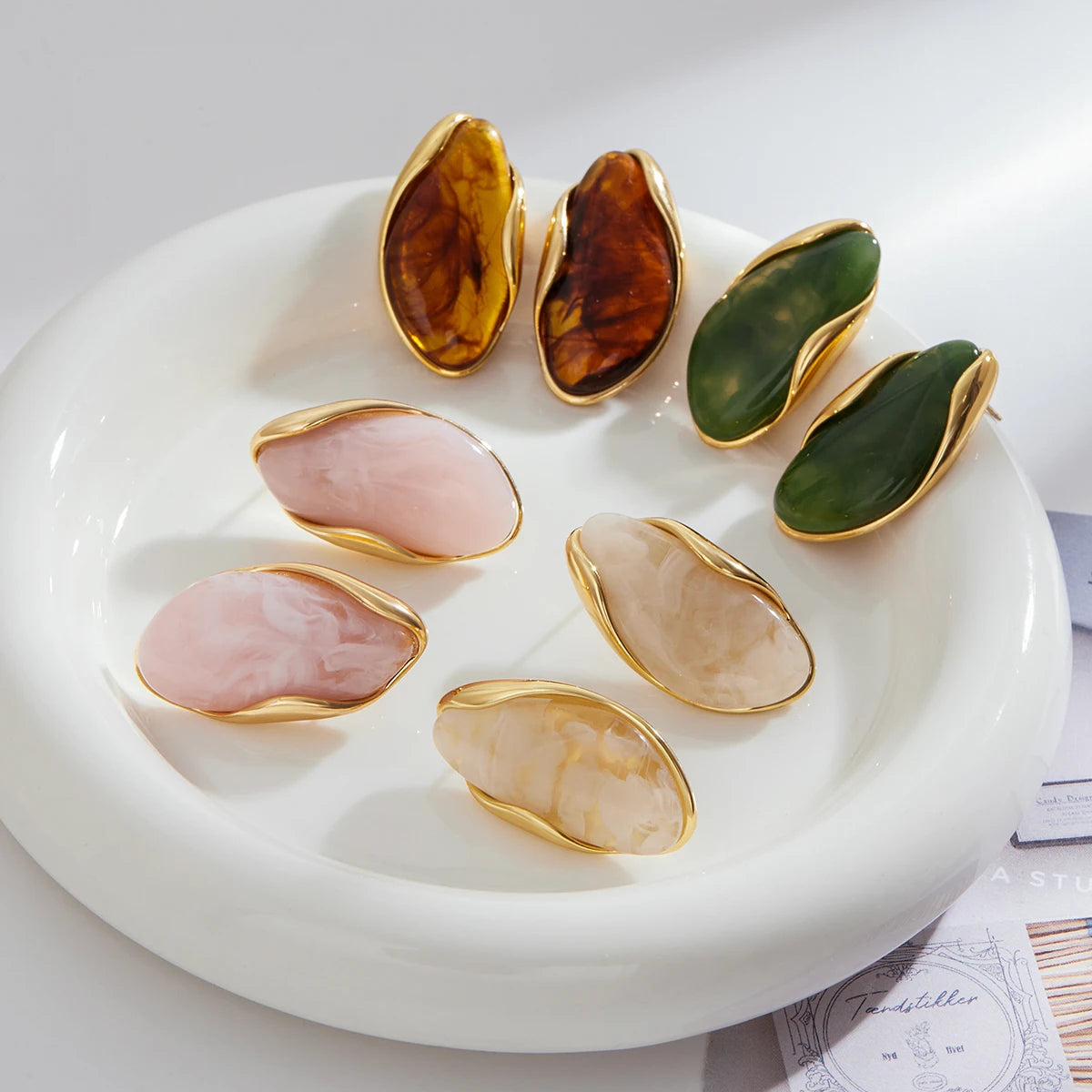 Kika Retro 18K Gold Color Plated Stainless Steel Irregular Resin Ear Studs