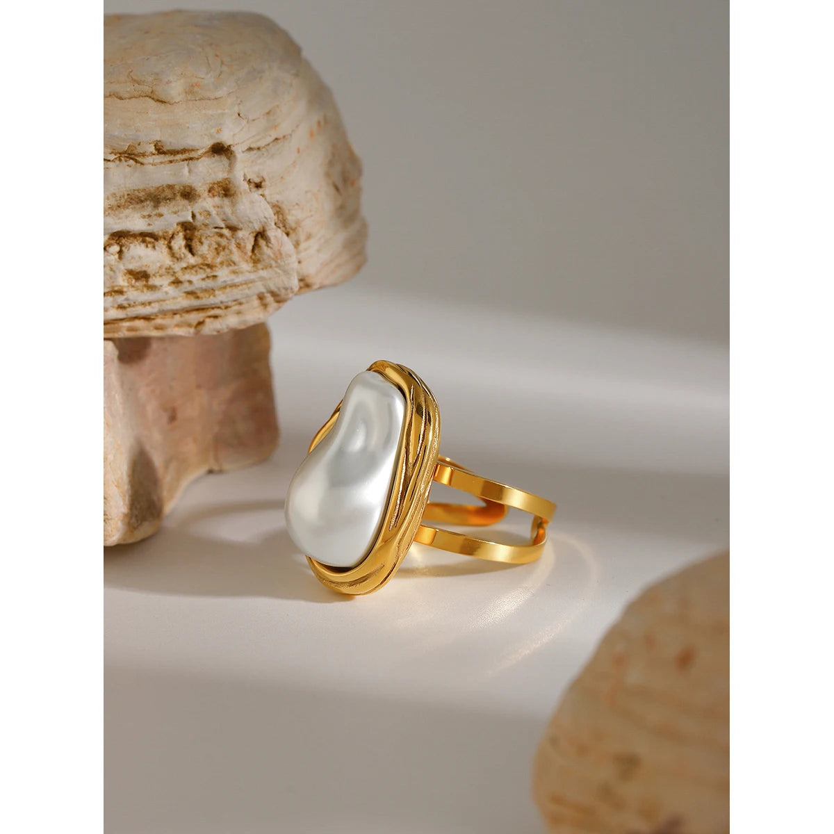 KIKA Fashion Imitation Pearl Stainless Steel 316L Gold Color Ring for Women Engagement Party Gift Temperament