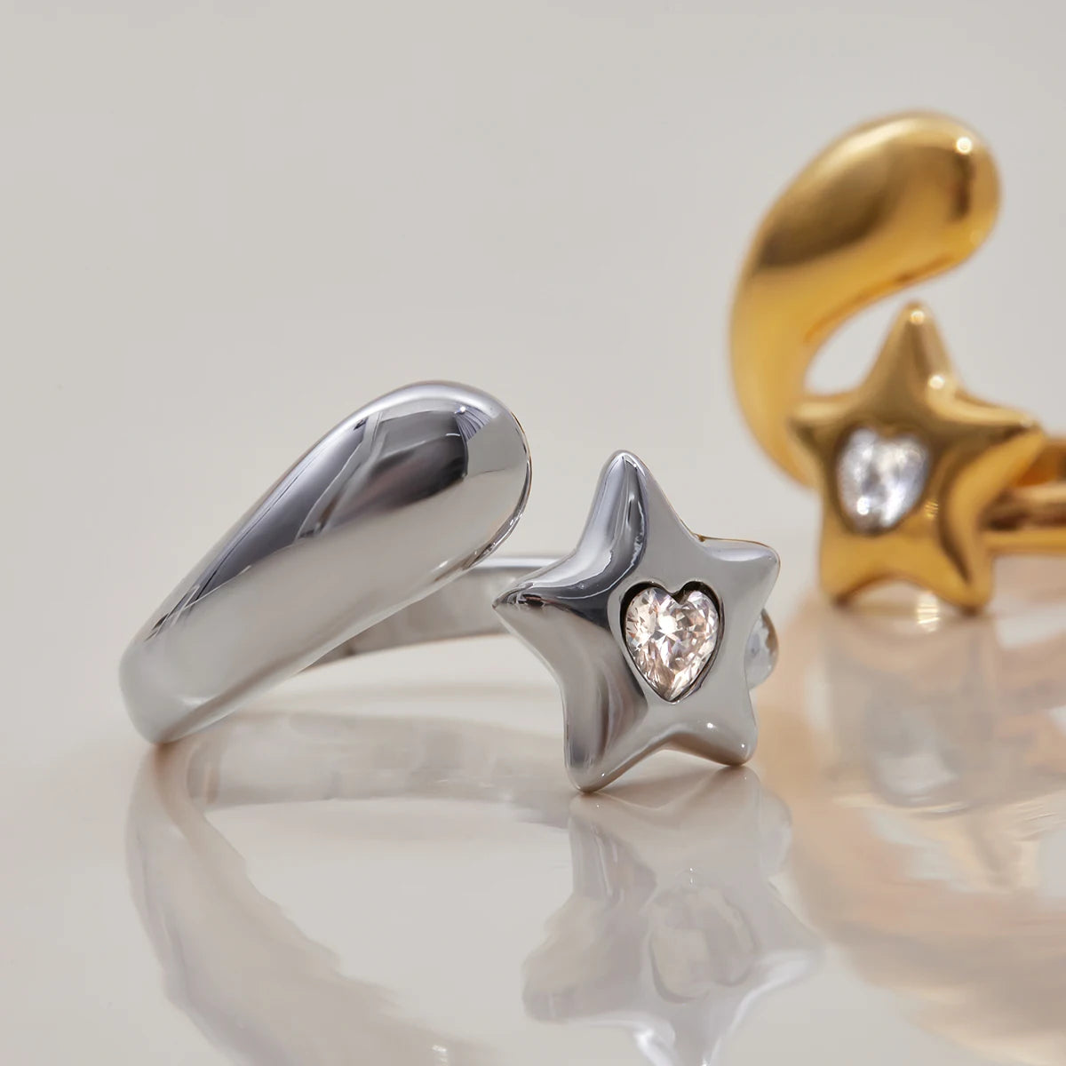 Kika Designer's 18K Gold Color Plated Stainless Steel Heart-Shaped Rhinestone Pentagram Ring