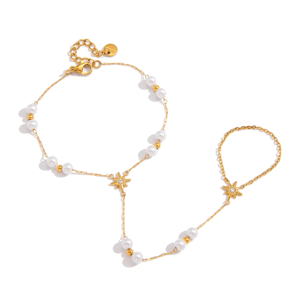 Kika Delicate Acrylic Pearl Bracelet With White Zircon Sun Pattern Connected Fingers Chain