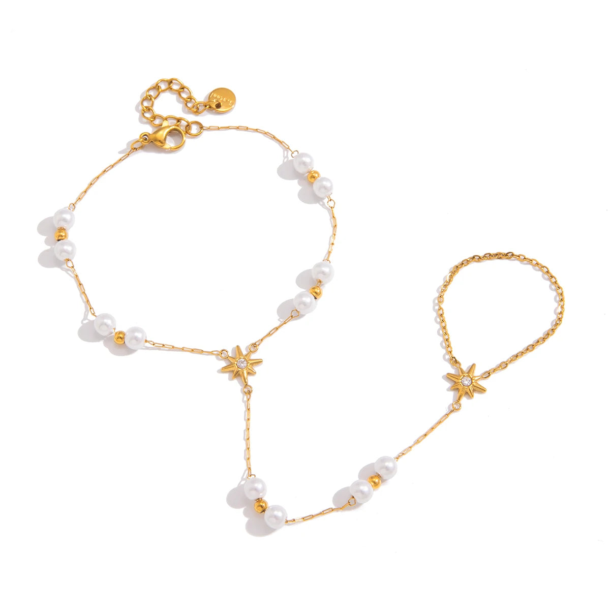 Kika Delicate Acrylic Pearl Bracelet With White Zircon Sun Pattern Connected Fingers Chain