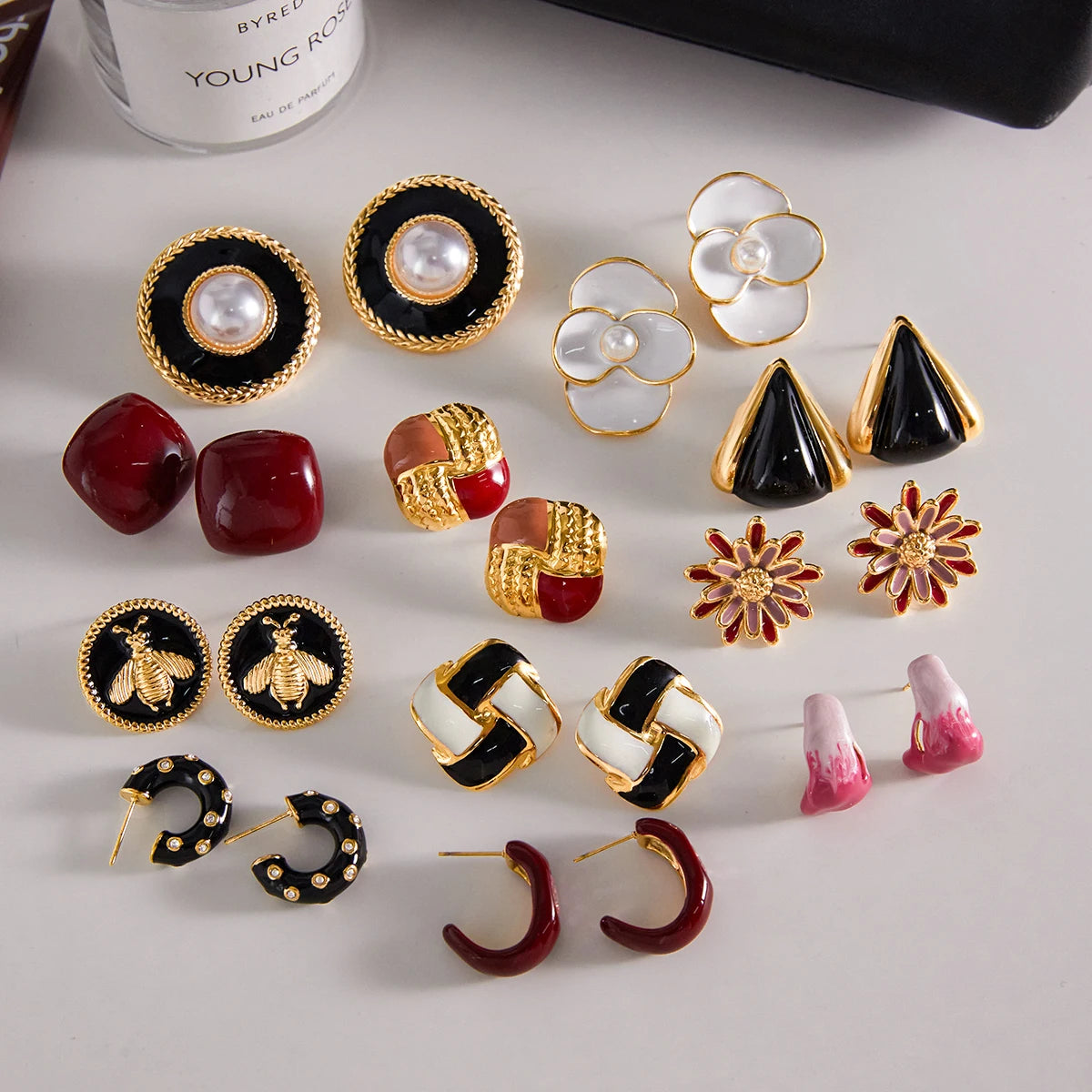 KIKA Vintage Square Red Double Color Drip Oil Ears Studs18K PVD Stainless Steel 316L Gold Color Irregular Drip Oil