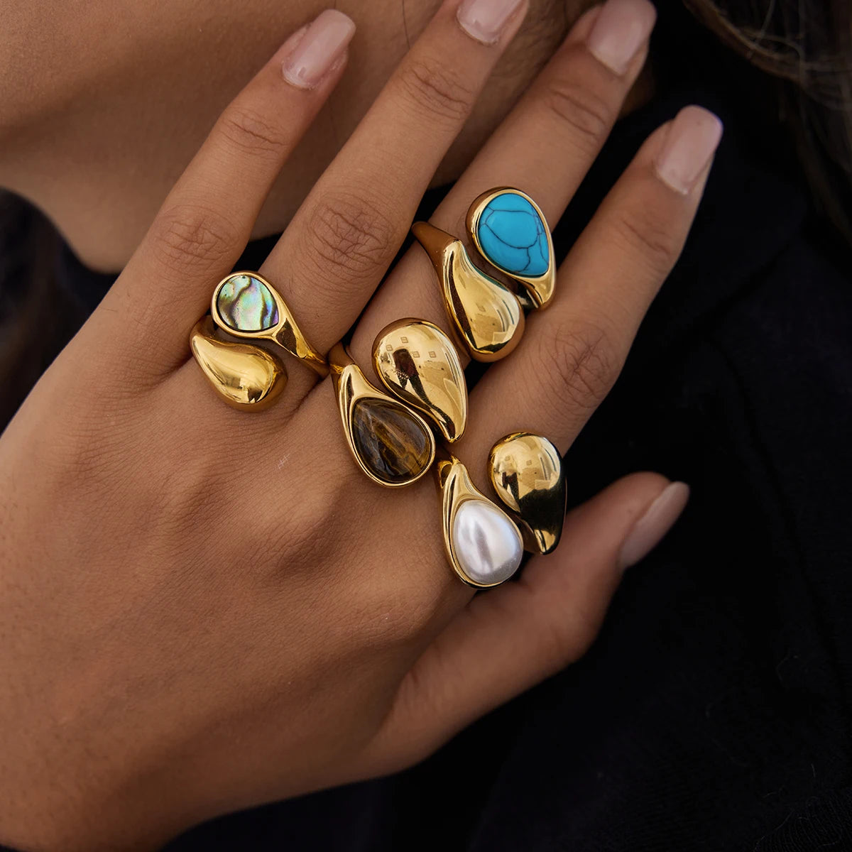 KIKA Vintage  18K Gold Color PVD Plated Blue Turquoise Asymmetric Open Rings Waterproof Stainless Steel 316L