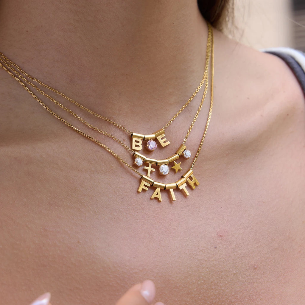 Kika Detachable Letter Zircon Pendant Necklace For Women 18K Gold PVD Plated Stainless Steel 316L