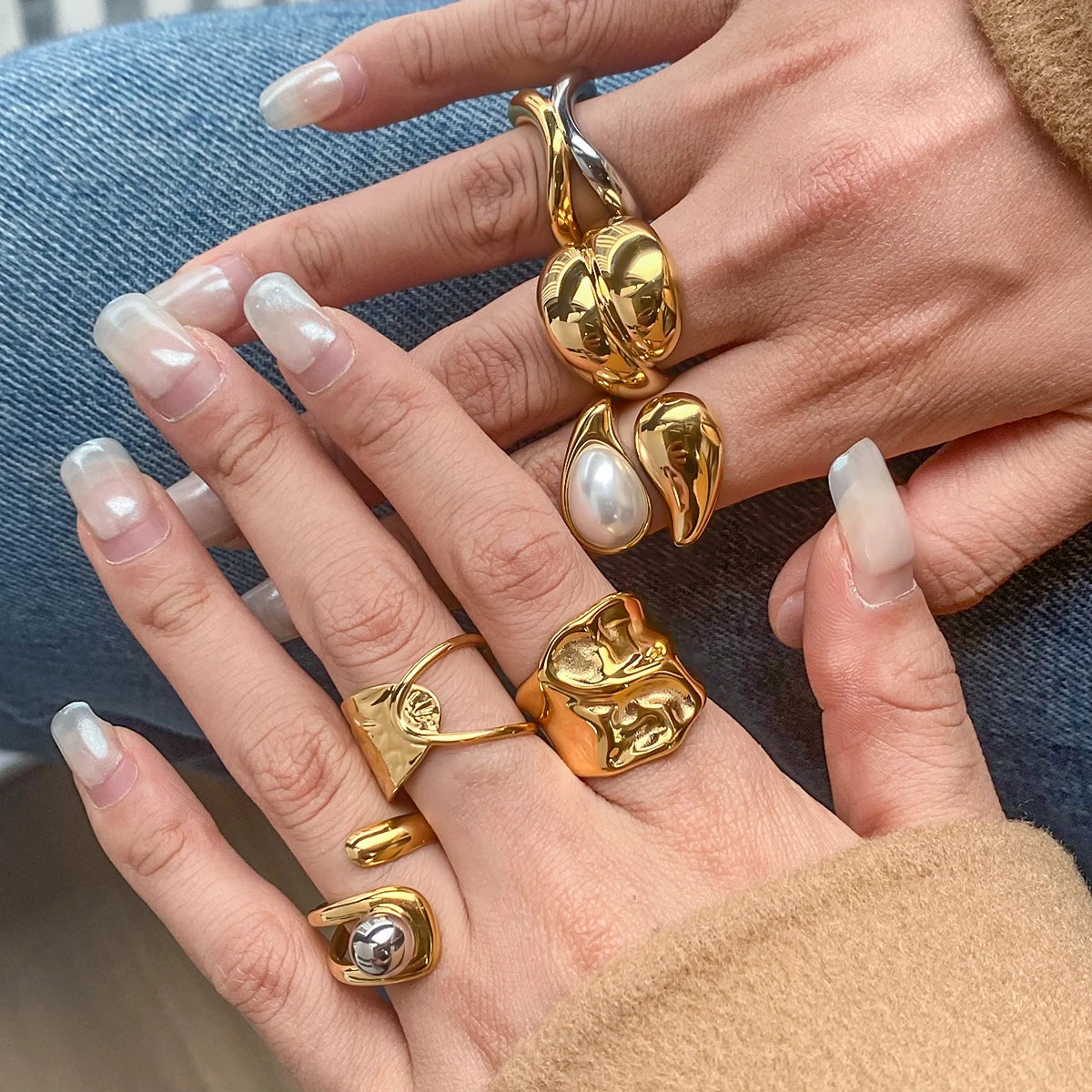 Kika Minimalist 18K Gold Color Plated Stainless Steel Waterdrop Pearl Ring
