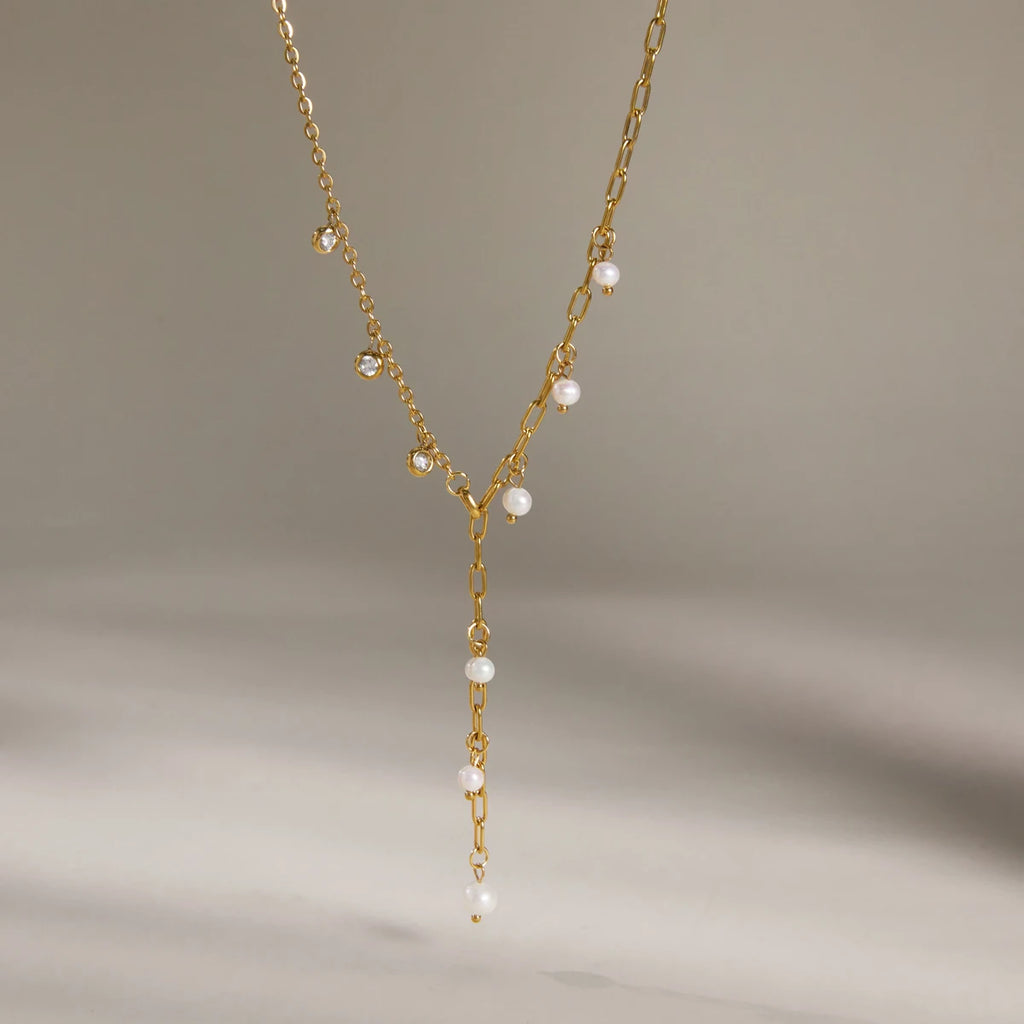 Kika Freshwater Pearl Zircon Pendant Y Shape Chain Necklace 18K Gold PVD Plated Stainless Steel 316L