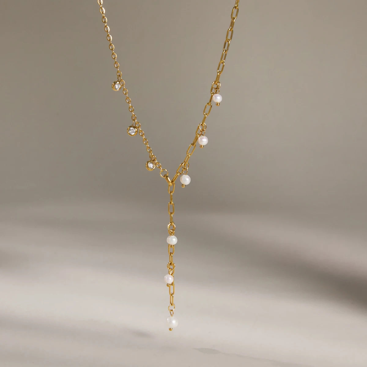 Kika Freshwater Pearl Zircon Pendant Y Shape Chain Necklace 18K Gold PVD Plated Stainless Steel 316L