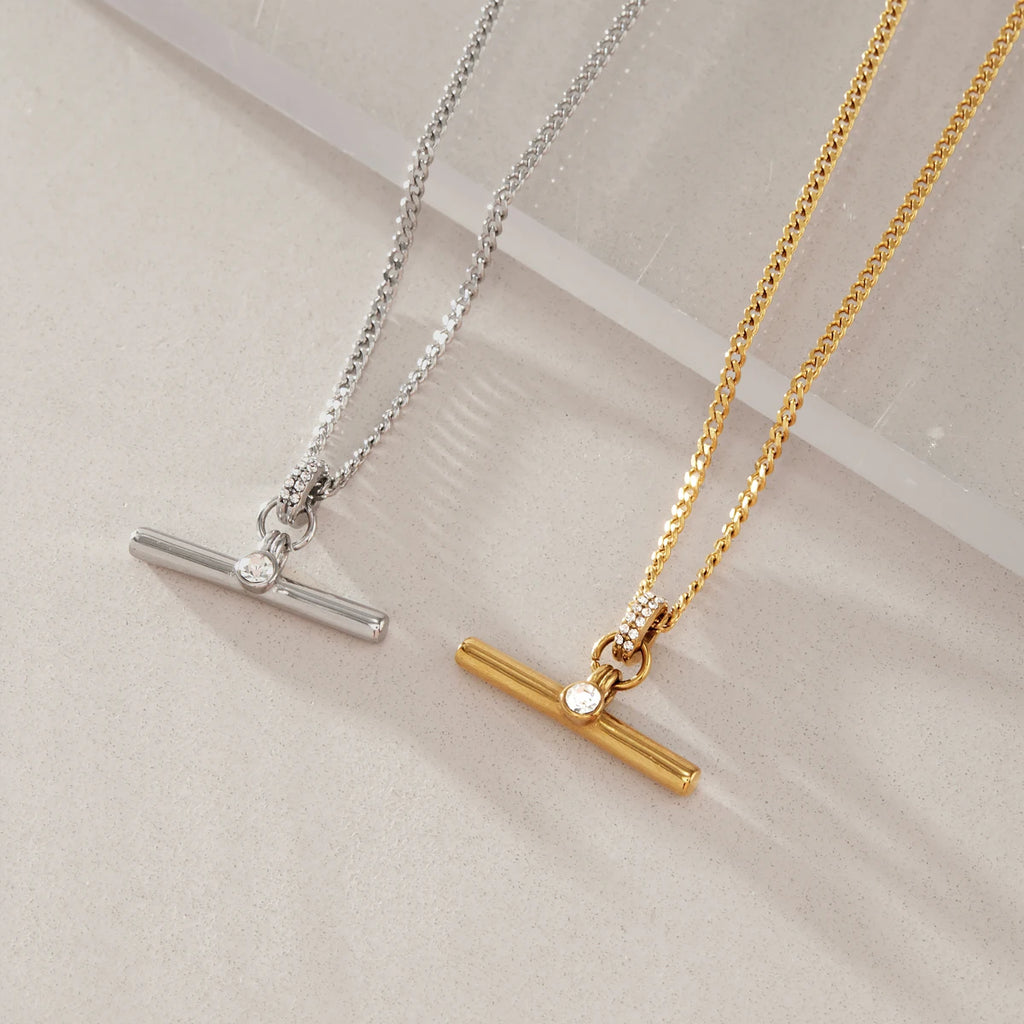 KIKA Classic Crystal T Bar Pendant Necklace 18K Gold PVD Plated Stainless Steel 316L