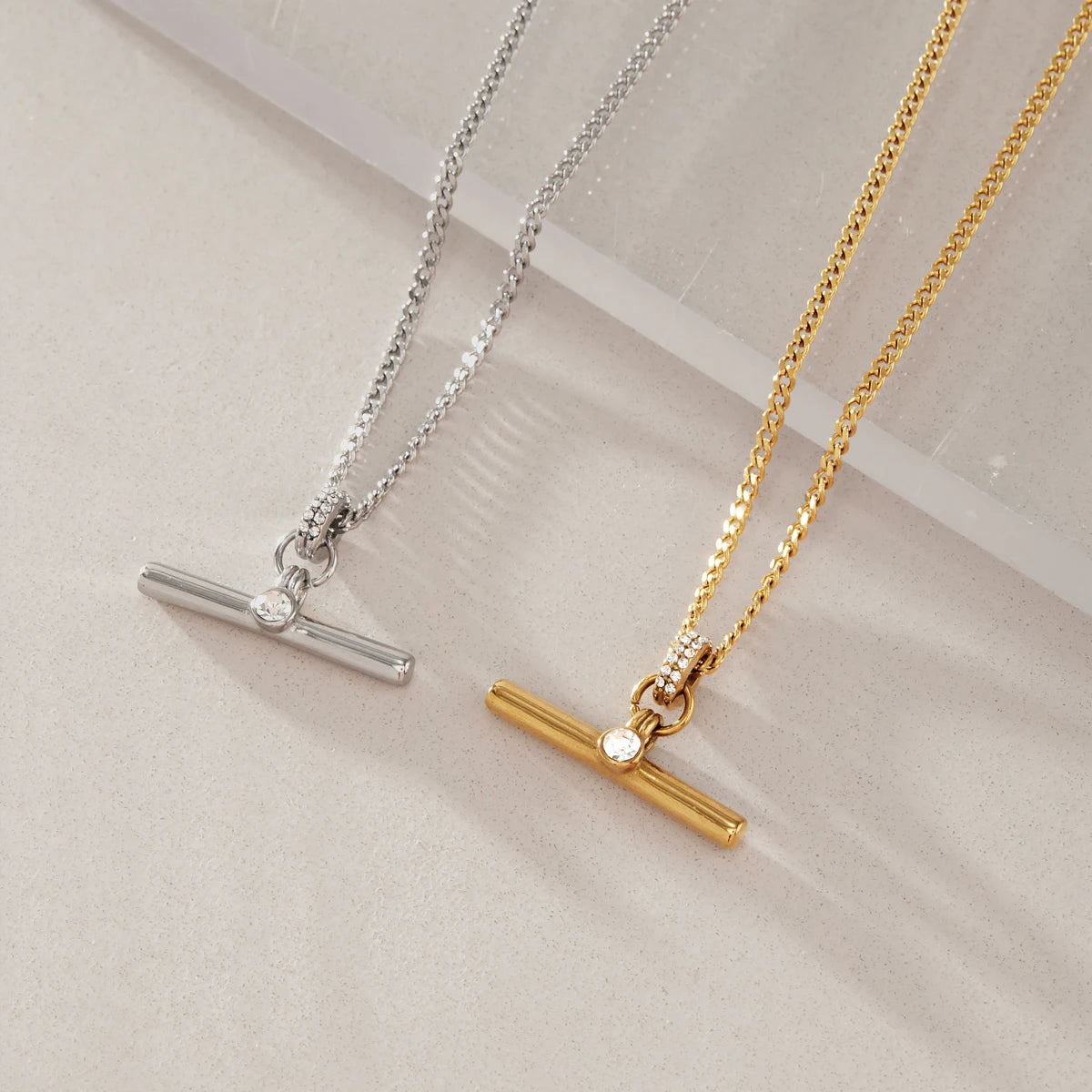 KIKA Classic Crystal T Bar Pendant Necklace 18K Gold PVD Plated Stainless Steel 316L