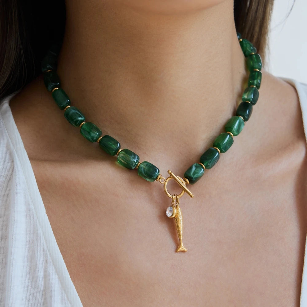 KIKA Green Resin Bead Chain Fish Pendant Necklace For Women 18K Gold PVD Plated Stainless Steel Necklace Fashion Jewelry Gift
