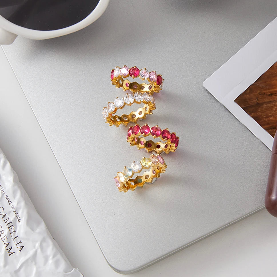 KIKA Rose Red Purple Round Zircon Ring 18K PVD Stainless Steel 136L