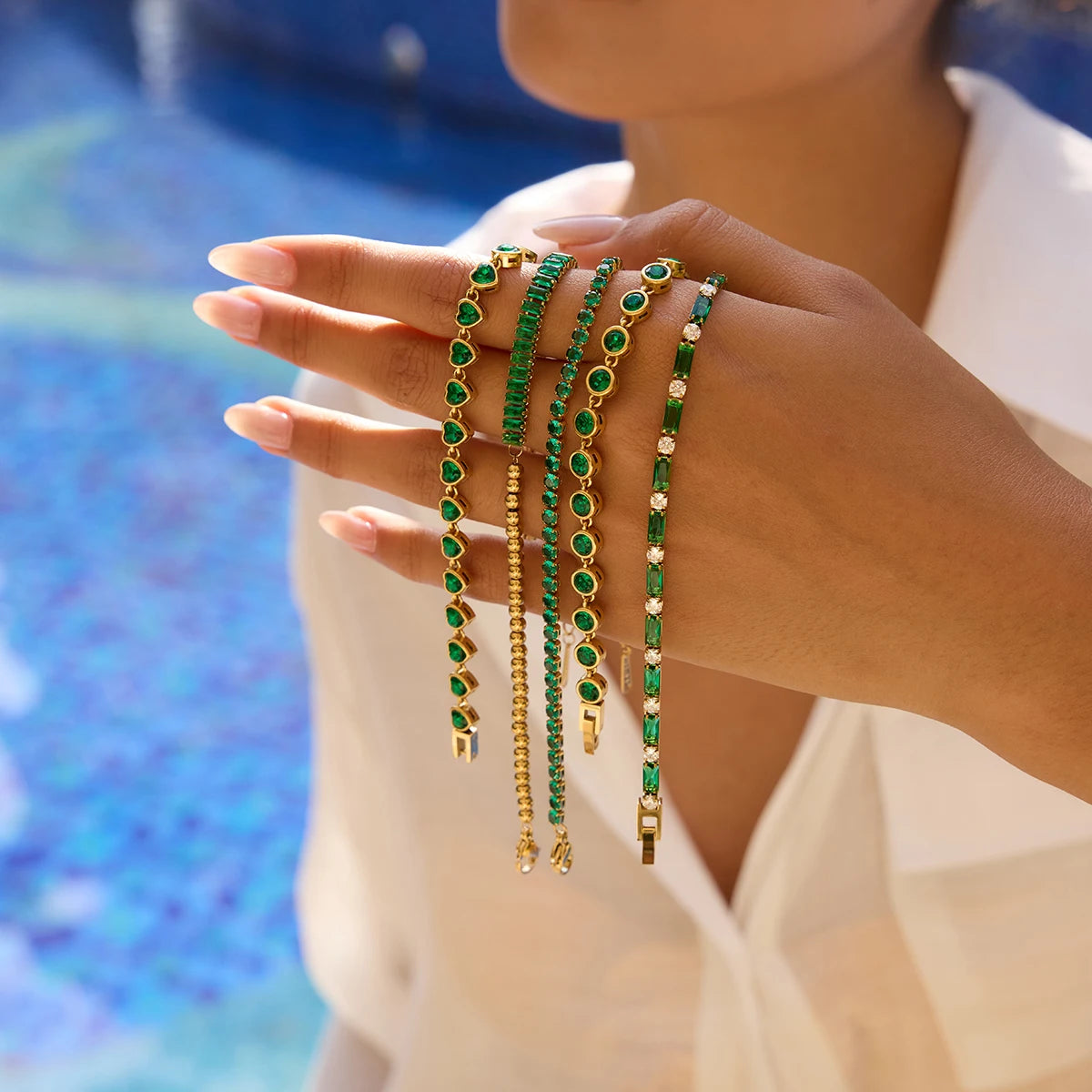 Kika Fashion Trend 18K Gold Color Plated Stainless Steel Rectangular Green Zirconia Chain Bracelet