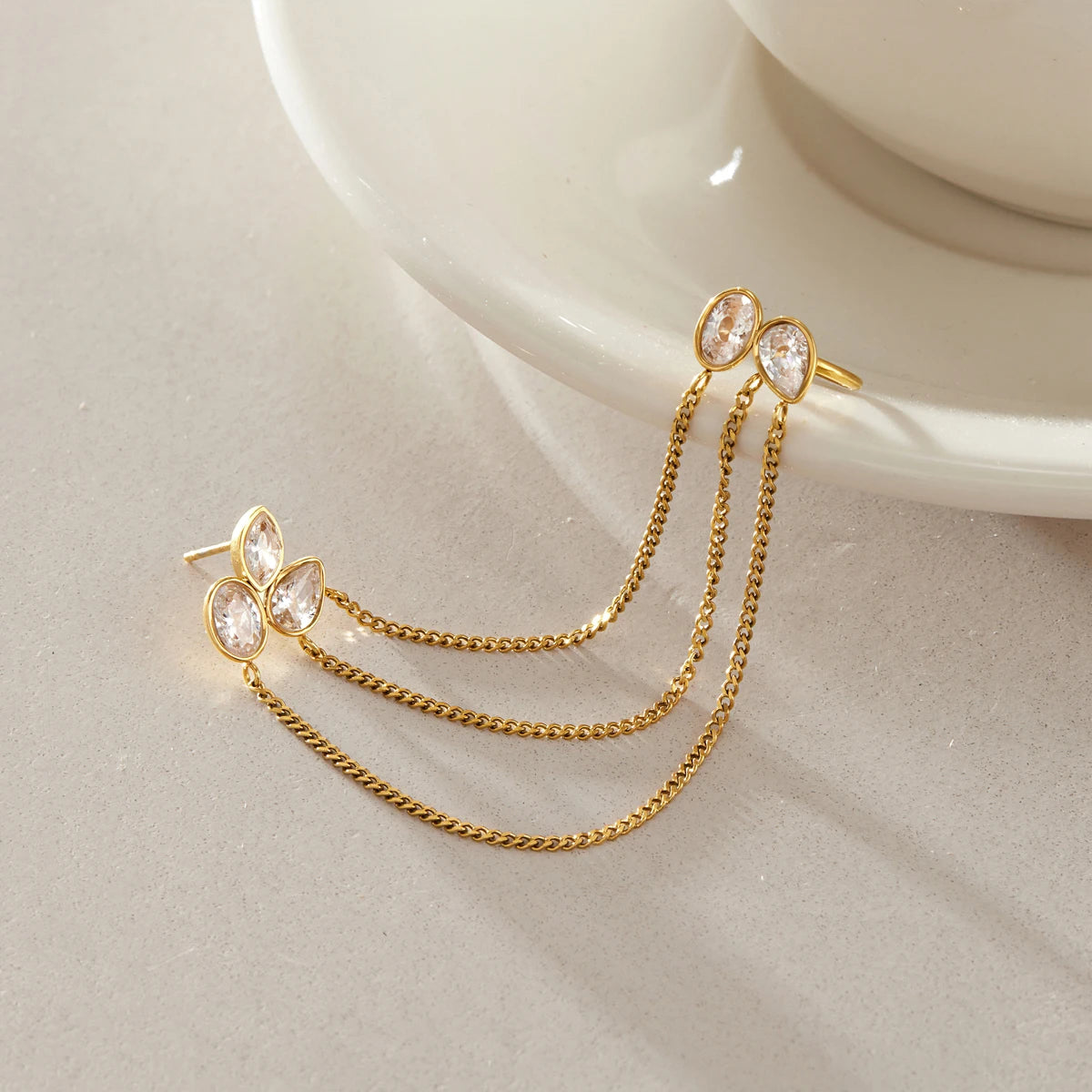 Kika 1 PC Geometric Zircon Chains Tassel Earring Gold PVD Plated Stainless Steel 316L