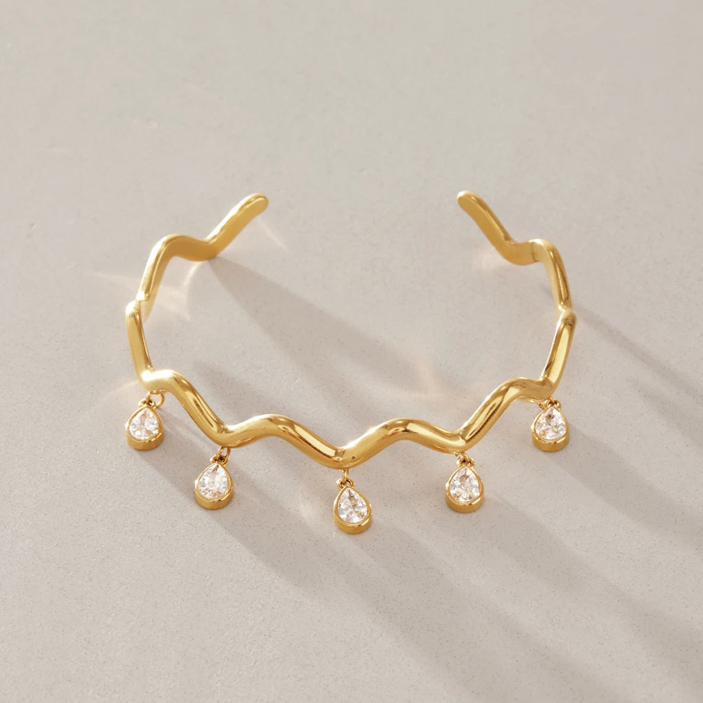 KIKA Water Drop Zircon Wave Shape Cuff Bracelet PVD 18K Gold Plated Stainless Steel 316L