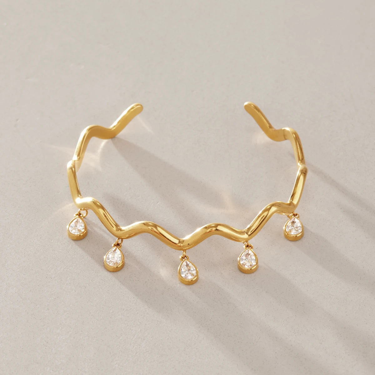KIKA Water Drop Zircon Wave Shape Cuff Bracelet PVD 18K Gold Plated Stainless Steel 316L
