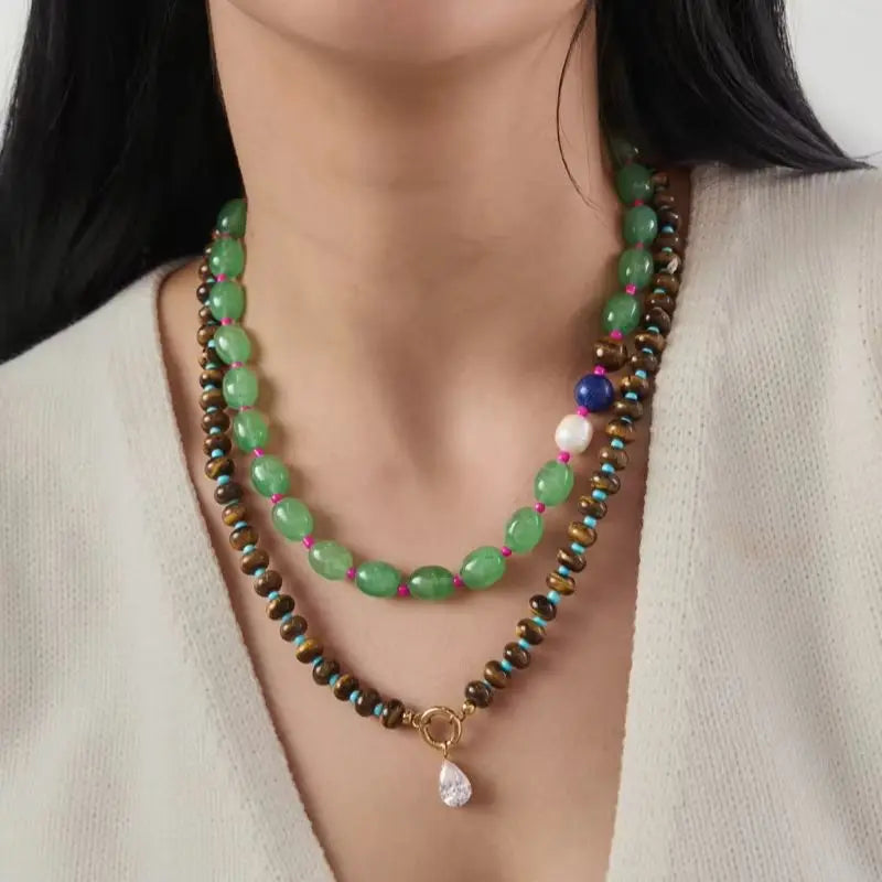 KIKA Water Drop Zircon Tiger Eye Stone Bead Necklace For Women 18K Gold Plated Stainless Steel Necklace Fashion Jewelry Gift