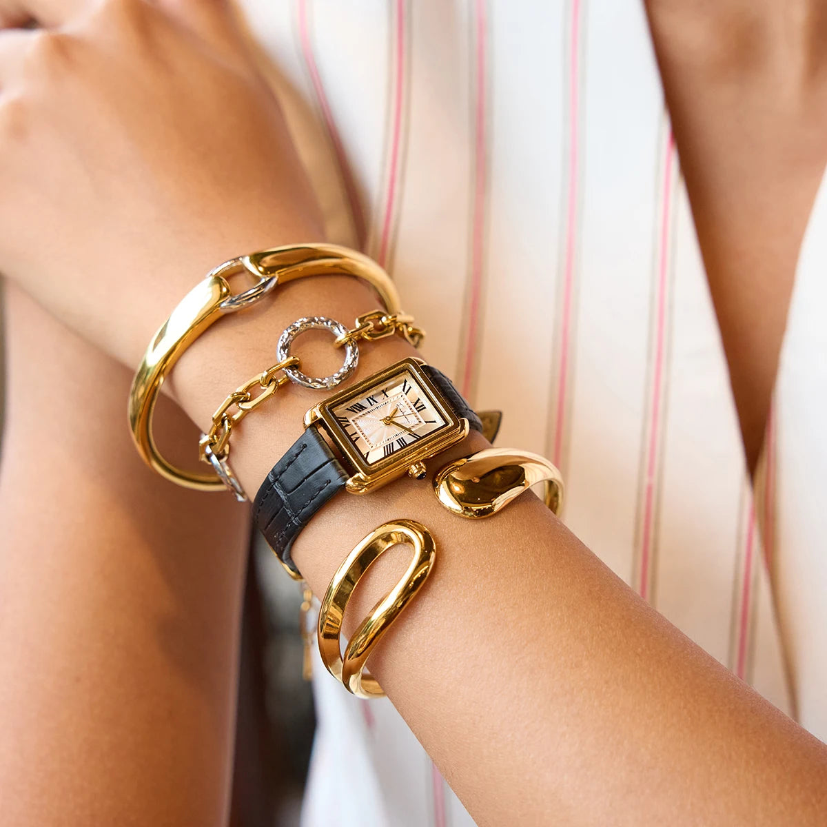 KIKA  Fashion Geometric Rectangular Belt Watch Two tone Chain Bracelet Stainless Steel 316L PVD Plated