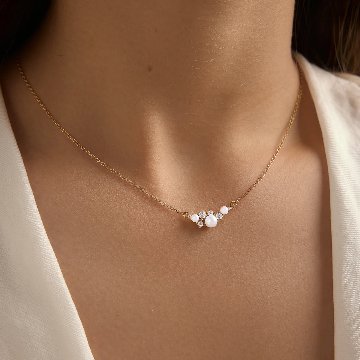 KIKA Delicate Zircon Imitation Pearl Pendant Necklace 18K Gold Plated Stainless Steel 316L