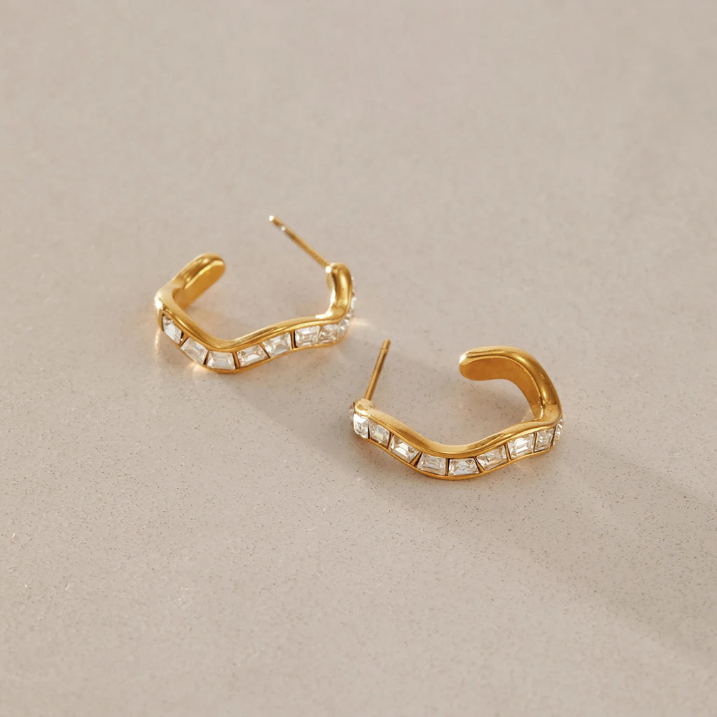 KIKA Elegant Iced Out Crystal Wave Shape Stud Earrings For Women 18K Gold Plated Stainless Steel 316L  Earrings Fashion Jewelry Gift