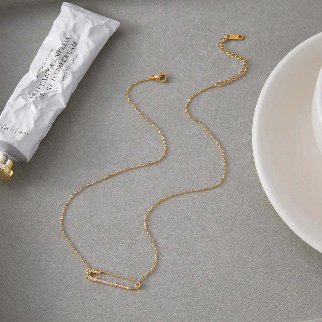 Kika Minimalist Classic 18K Gold Color Plated Inlay White Zircon Paperclip Necklace