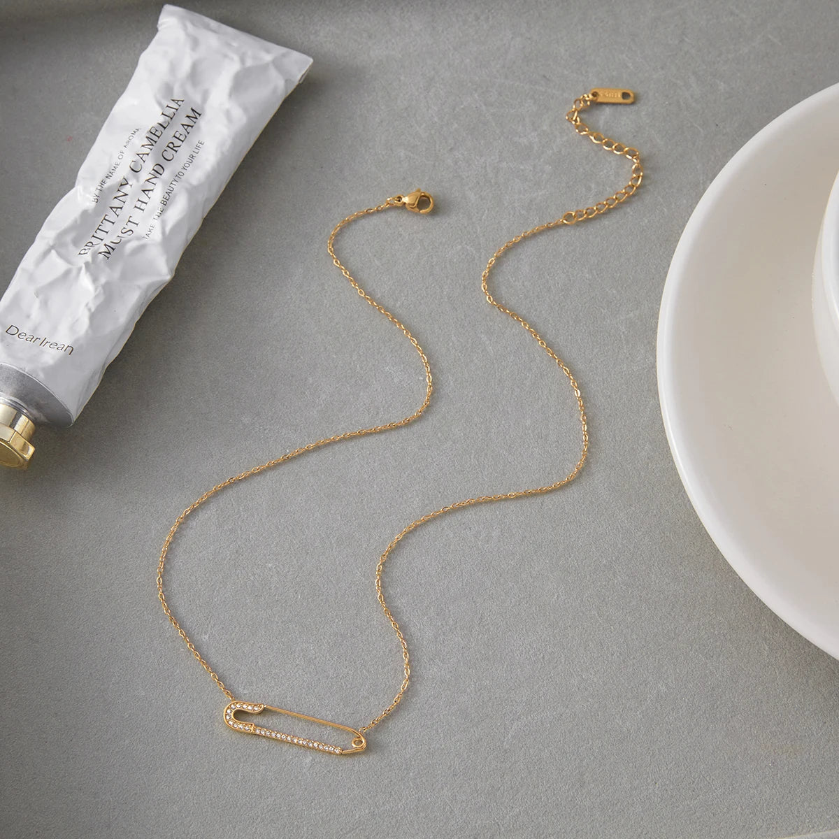 Kika Minimalist Classic 18K Gold Color Plated Inlay White Zircon Paperclip Necklace
