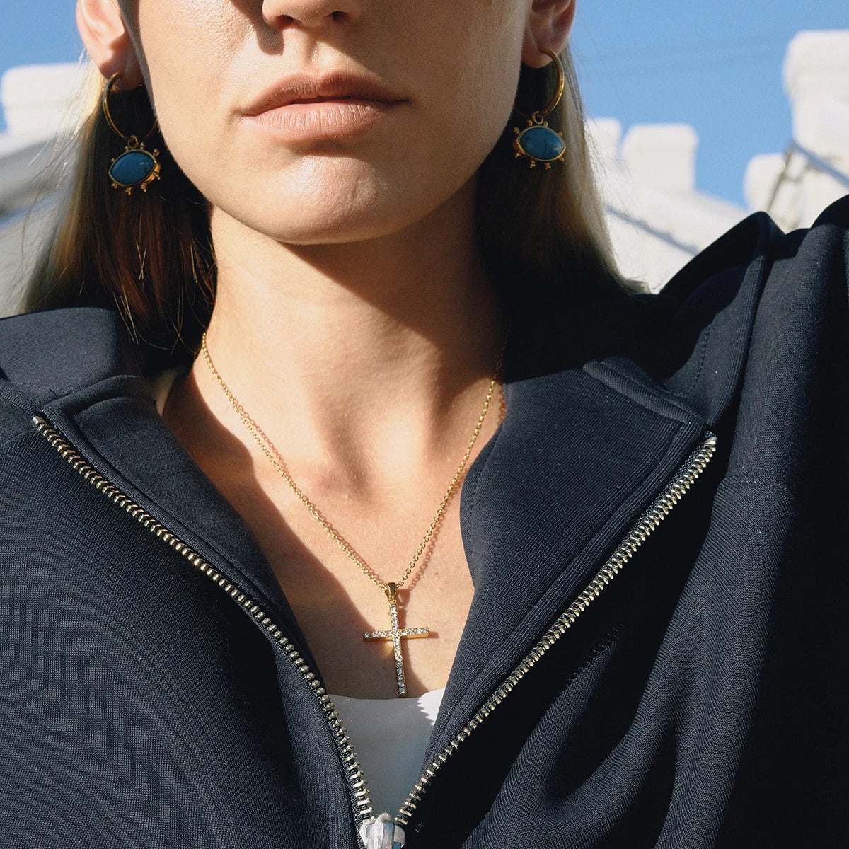 Kika Classic Fashion 18K Gold Color Plated Inlay White Zircon Cross Pendant Necklace