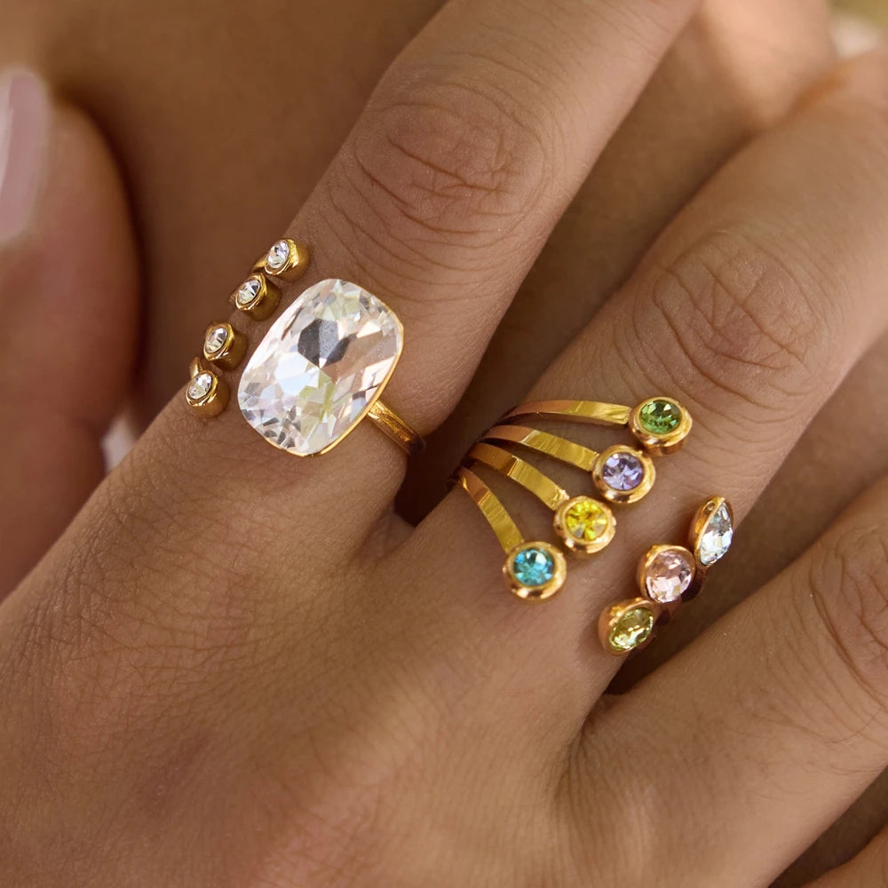 KIKA Elegant Geometric Crystal Open Rings Gold PVD Plated Stainless Steel 316L