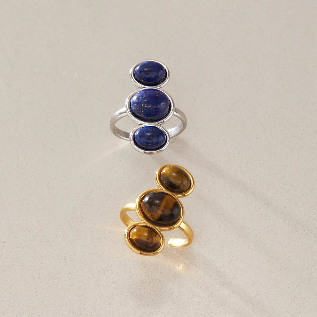 KIKA Vintage Tiger Eye Lapis Lazuli Stone Open Rings For Women 18K Gold PVD Plated Stainless Steel Rings Fashion Jewelry Gift