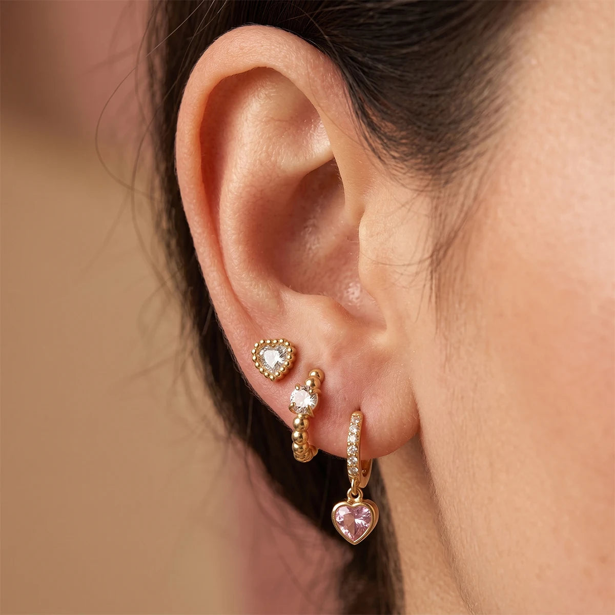 Kika 3 Pcs/Set Heart Zircon Earrings 18K Gold PVD Plated Stainless Steel 316L