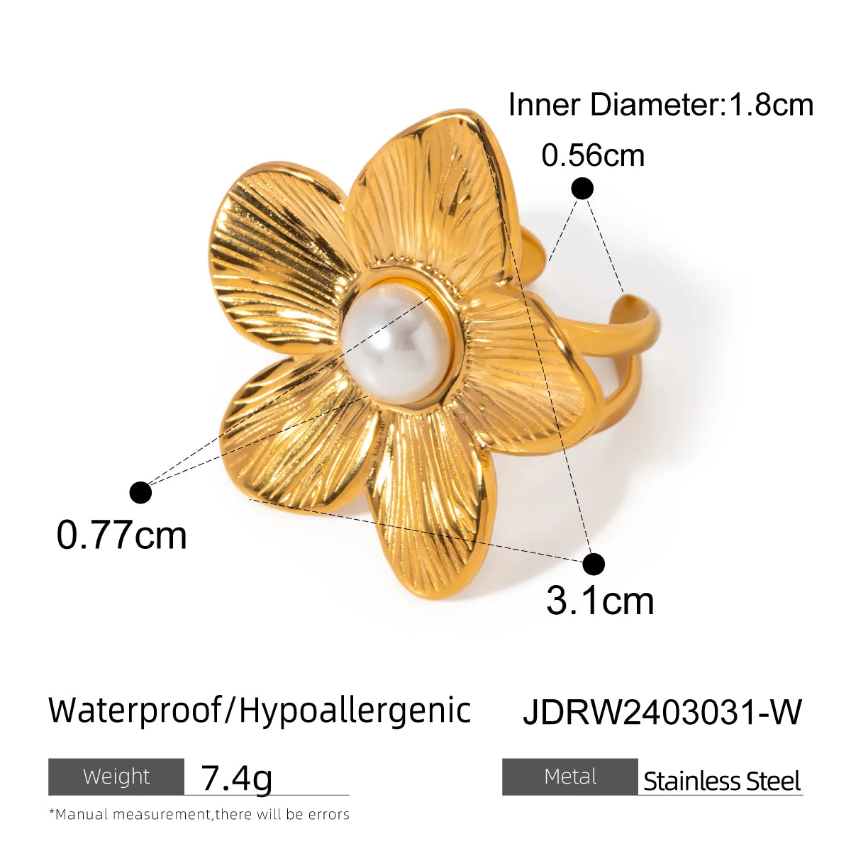 Kika Fashionable Sweet 18K Gold Color Plated Stainless Steel Pearl Five Petal Flower Ring