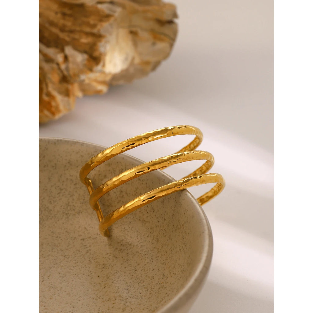 KIKA Stainless Steel Statement Gold Color Cuff Bracelet Bangle Metal Texture Multi-Layer Temperament Waterproof Jewelry