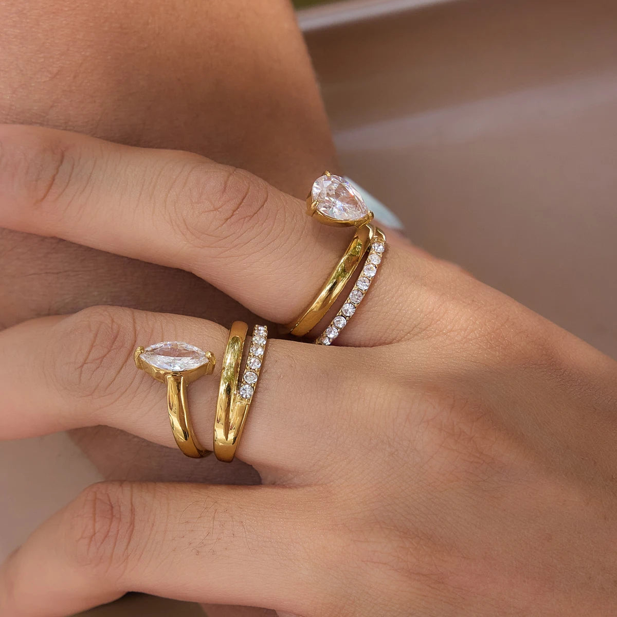 Kika Delicate Three-Layer Linear White Rhinestone Ring