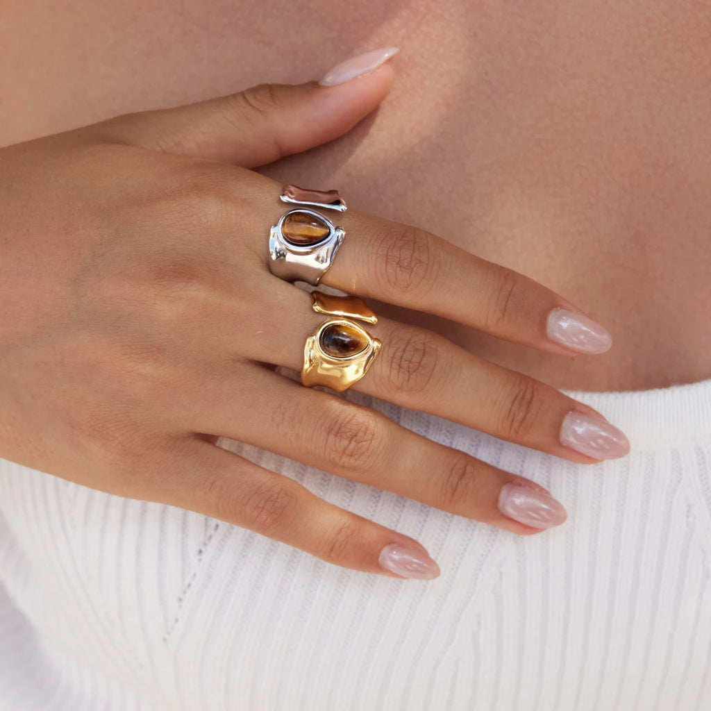 KIKA Vintage Water Drop Shape Tiger Eye Stone Open Rings 18K Gold PVD Plated Stainless Steel 316L